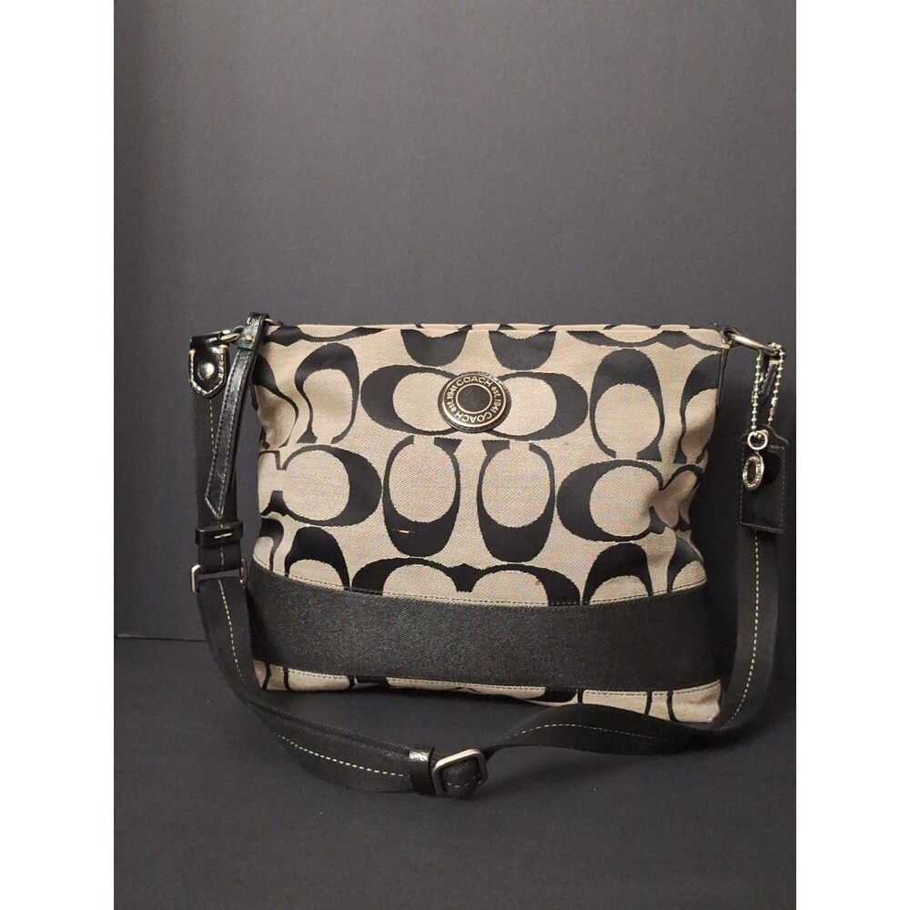 Coach Signature Logo Black/Gray Zip Shoulder Bag Small w/ Adjustable Strap